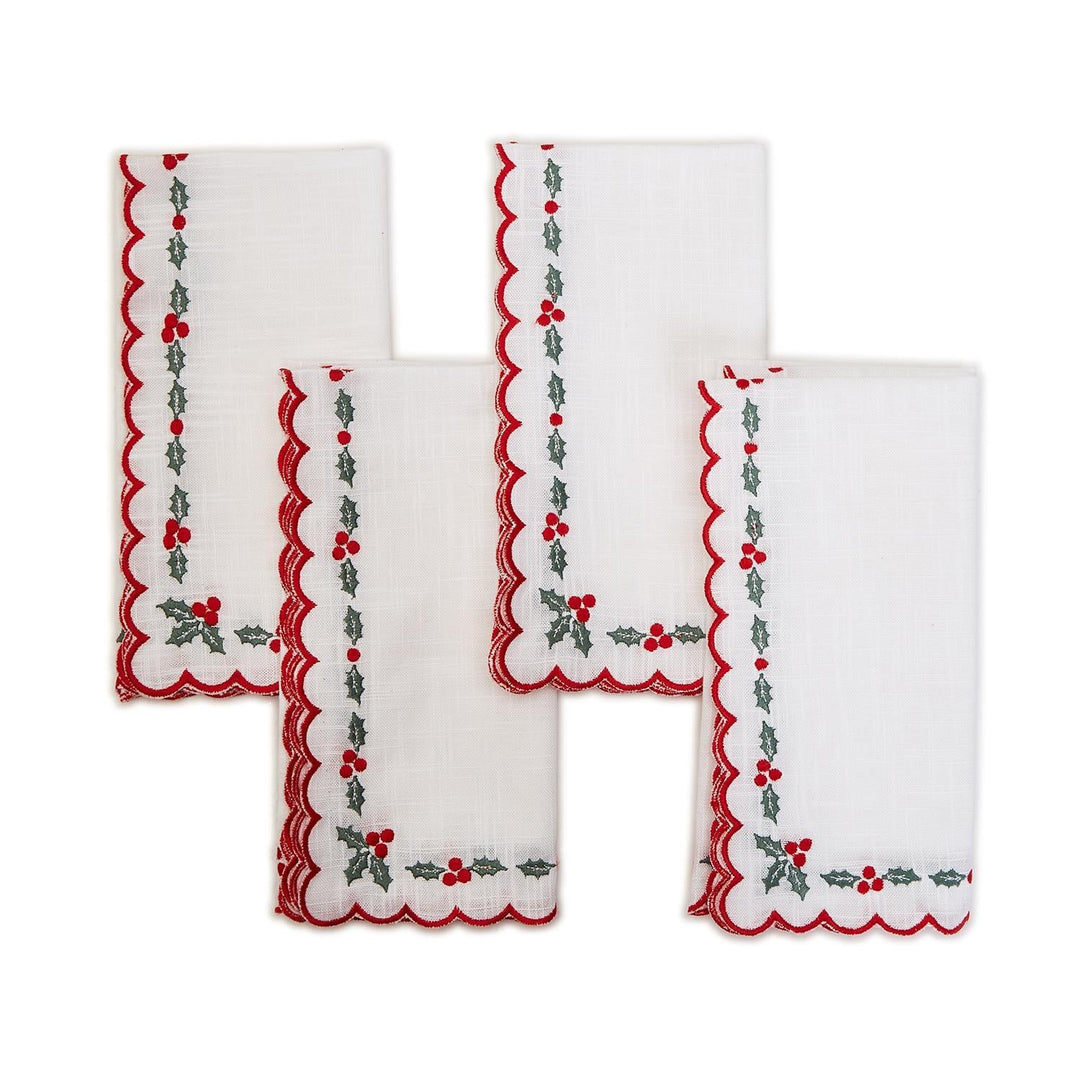 HOLIDAY HOLLY EMBROIDERED CLOTH NAPKINS SET Two's Company Bonjour Fete - Party Supplies