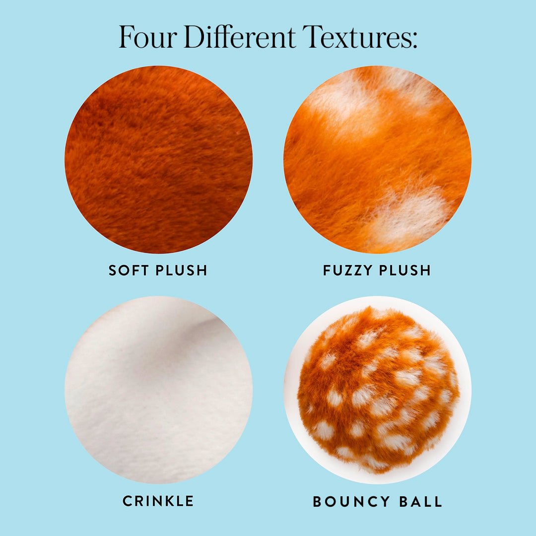 Reindeer texture close-ups: soft plush, fuzzy plush, crinkle, and spotted bouncy ball
