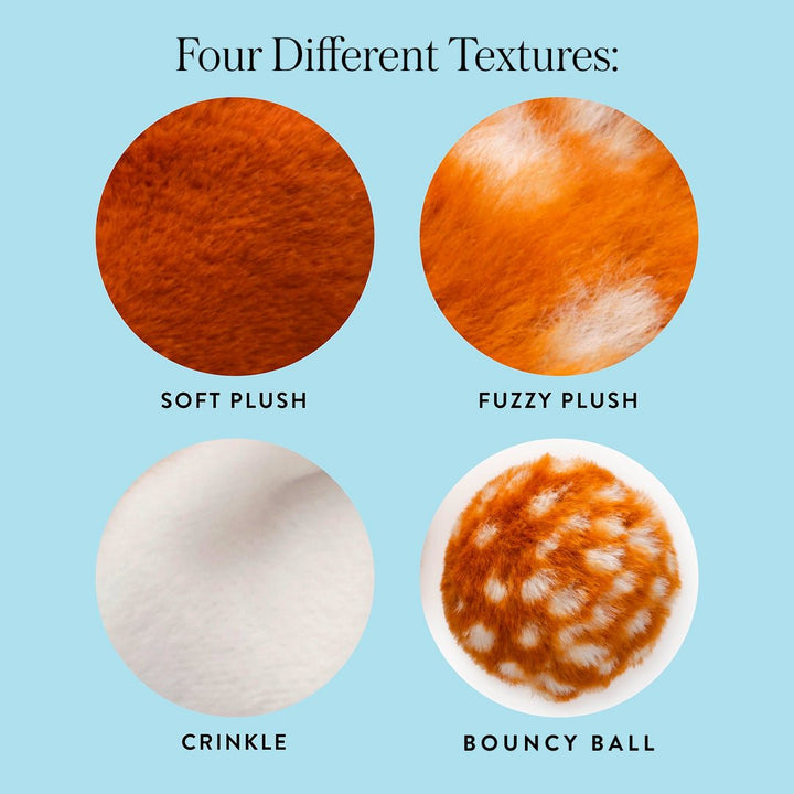Reindeer texture close-ups: soft plush, fuzzy plush, crinkle, and spotted bouncy ball