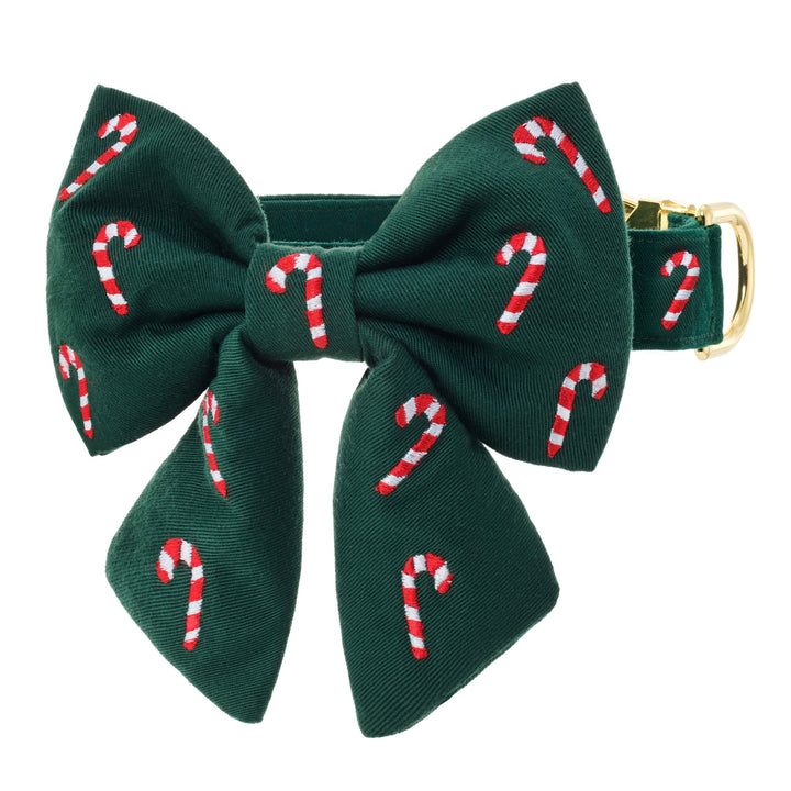 Evergreen dog collar and sailor bow embroidered with red and white candy canes, on white
