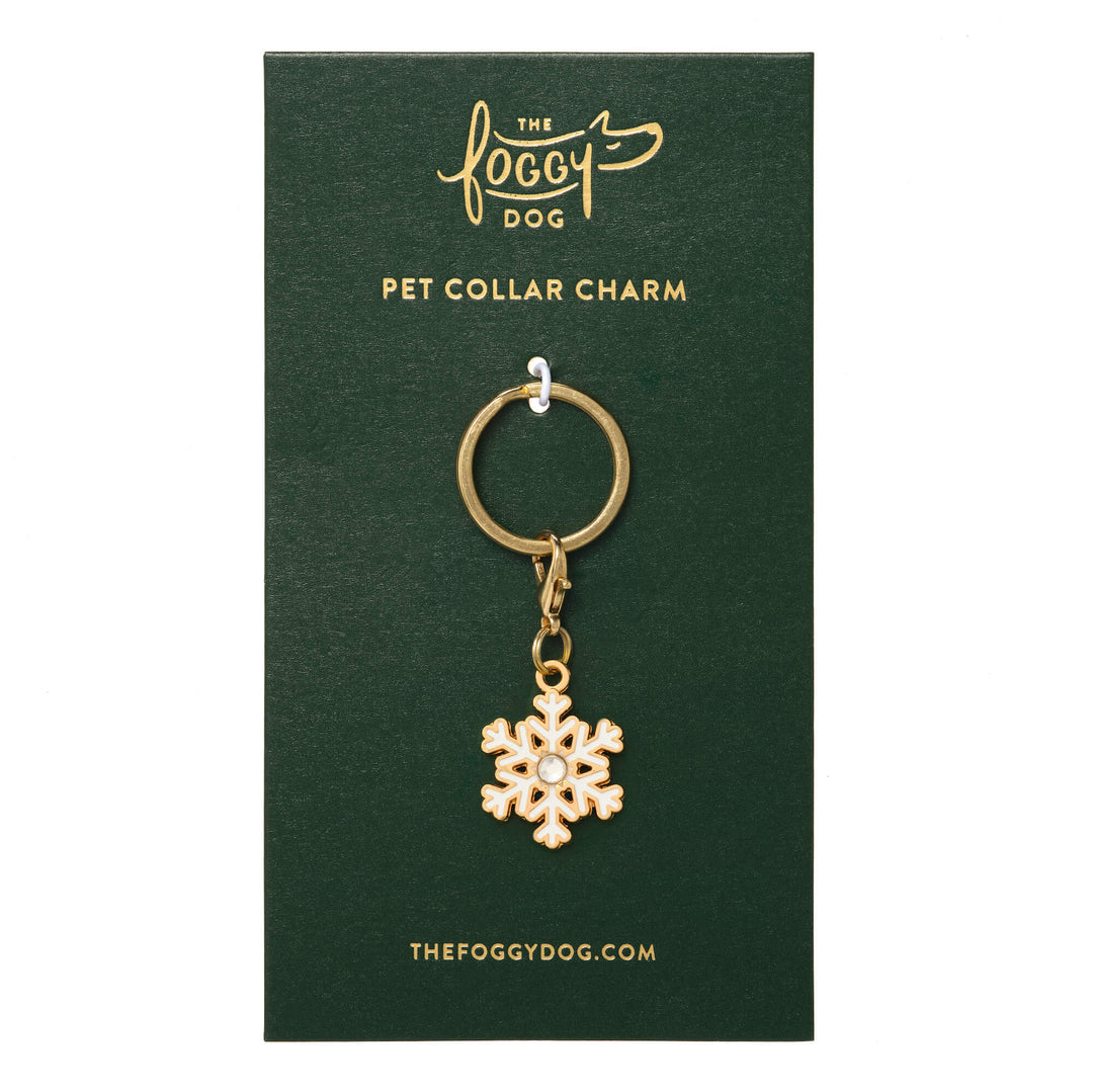 Snowflake collar charm on its green The Foggy Dog backer card, ready for a stocking