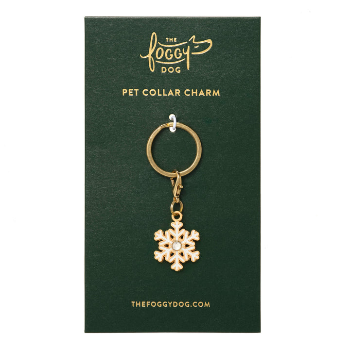 Snowflake collar charm on its green The Foggy Dog backer card, ready for a stocking