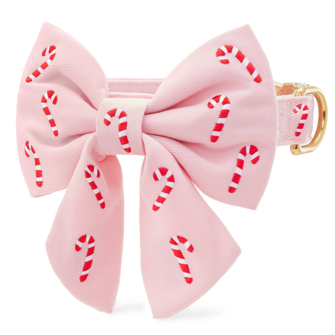 Blush pink dog collar and sailor bow embroidered with red and white candy canes, on white