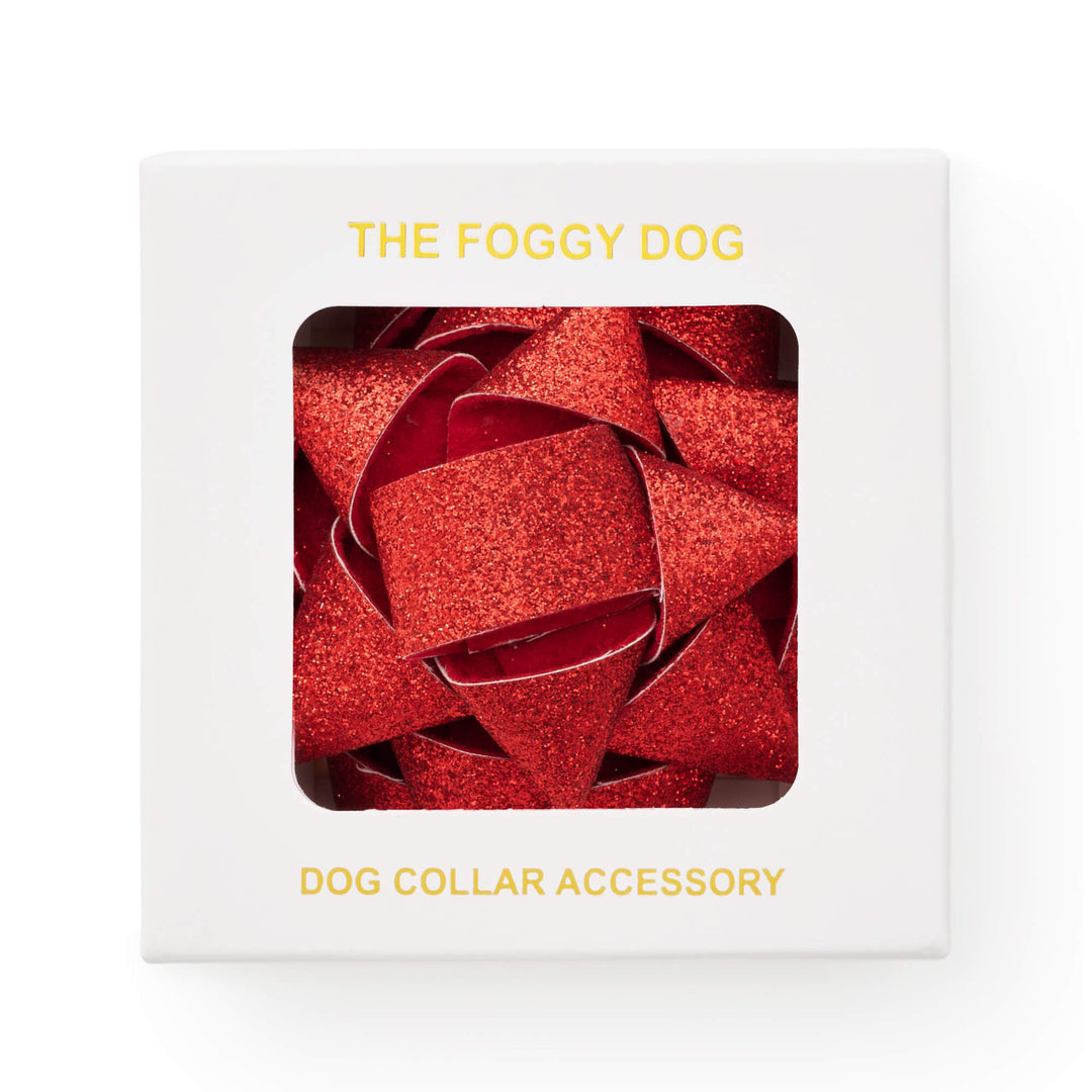 Red glitter gift-bow dog collar accessory inside a white Foggy Dog presentation box with a clear window.