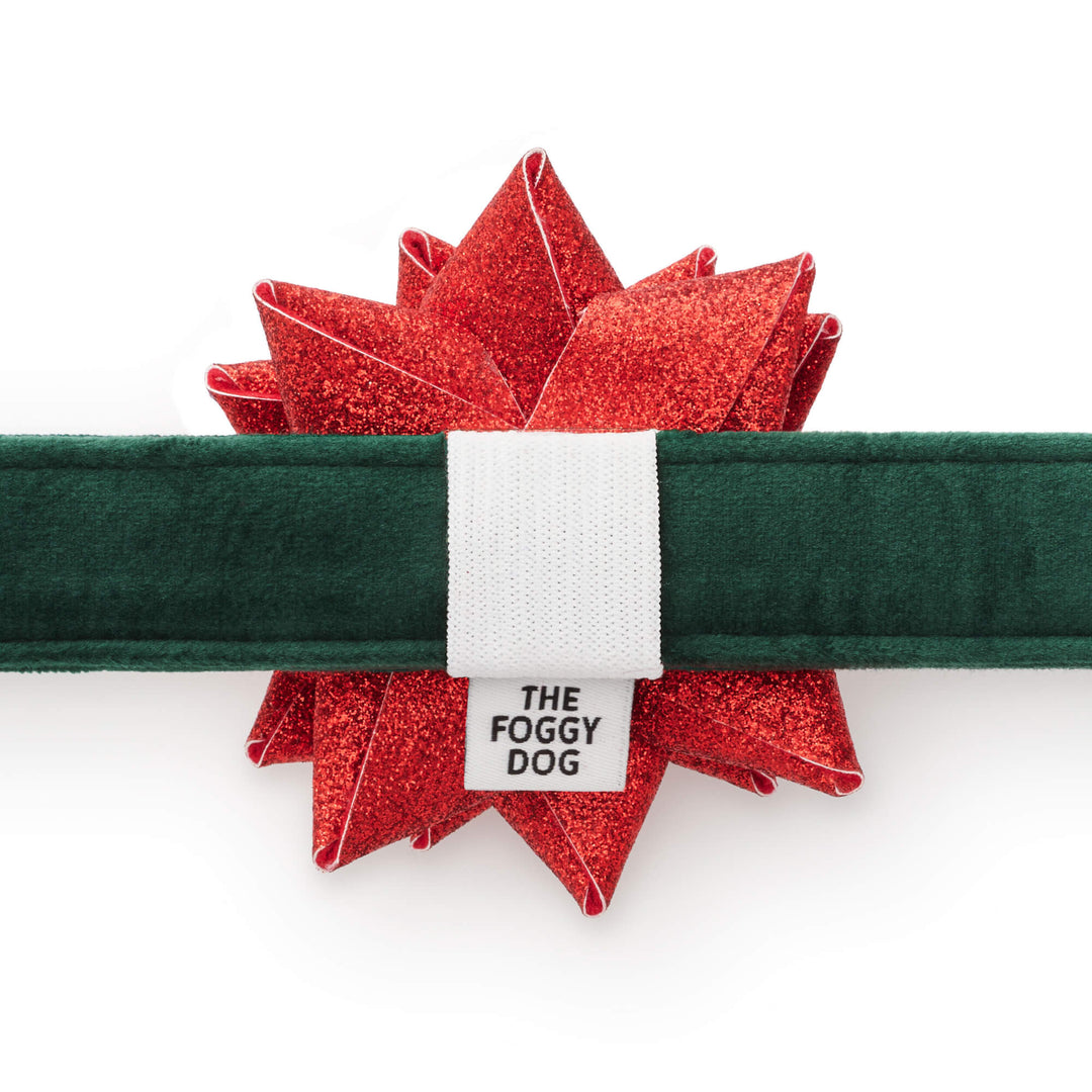 Back of the red glitter gift bow showing its white elastic loop securing it to the green velvet dog collar.