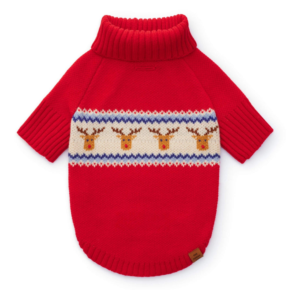 Red knit dog sweater flat from the back, cream band of reindeer faces trimmed in blue, on white