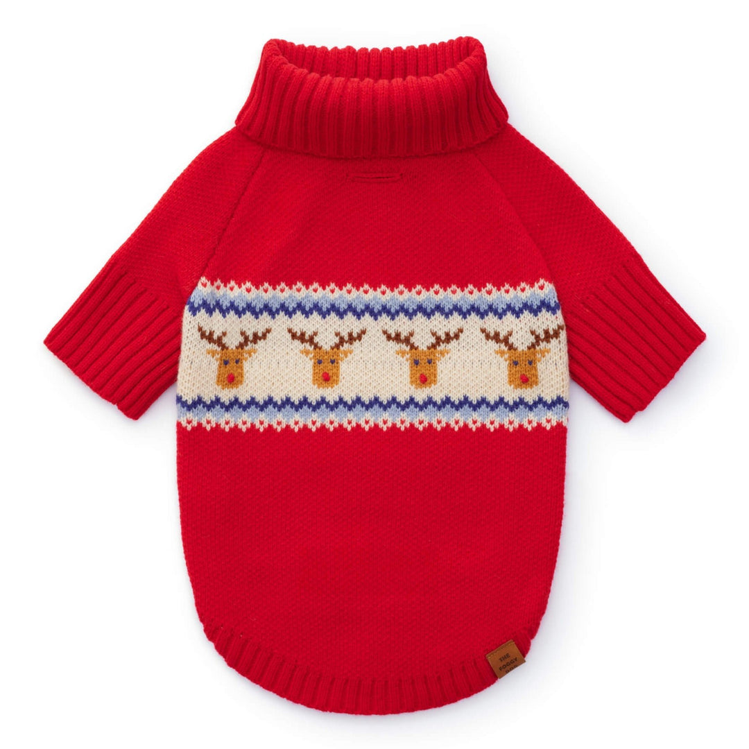 Red knit dog sweater flat from the back, cream band of reindeer faces trimmed in blue, on white