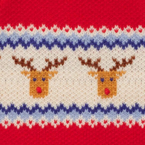 Knit close-up of brown reindeer faces with red noses between blue zigzag rows