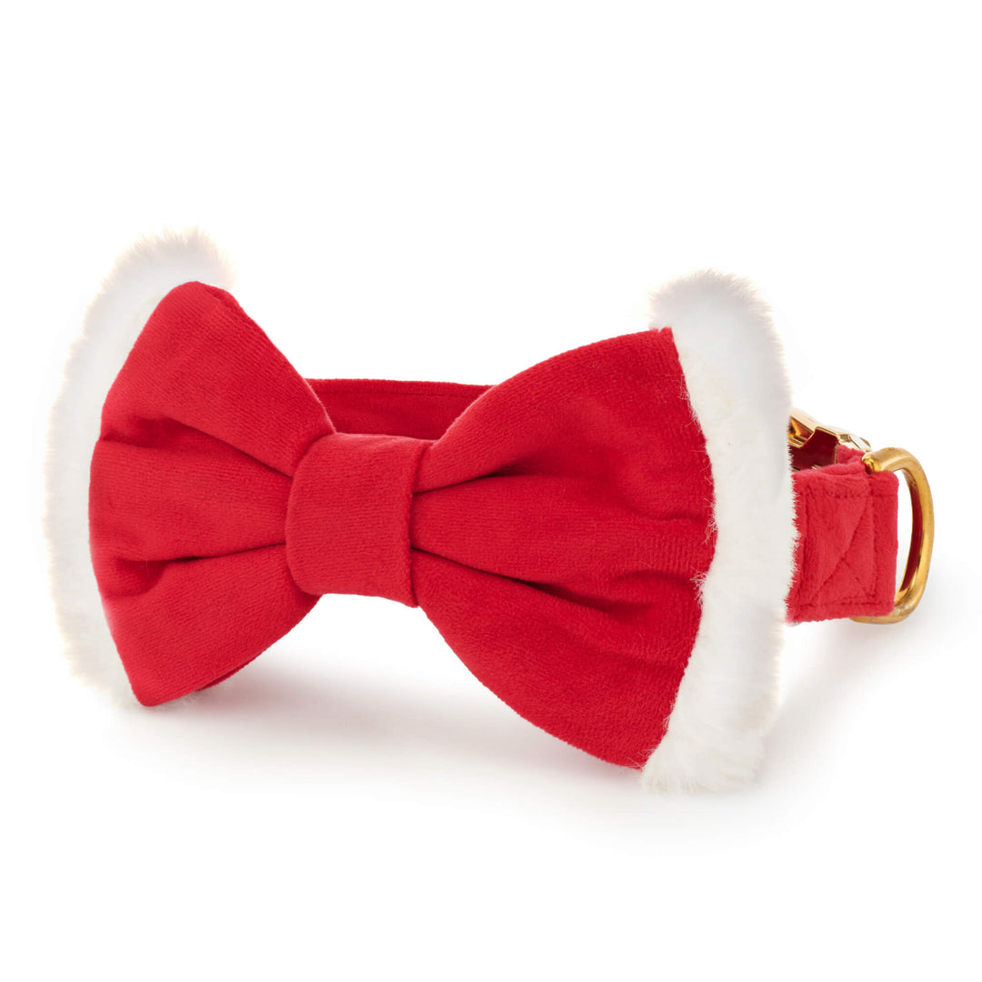 Red Santa Paws dog bow tie collar with fluffy white trimmed bow tie, on white