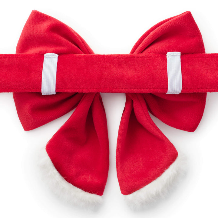 Back of the Santa lady bow with two white elastic loops threaded onto a red collar