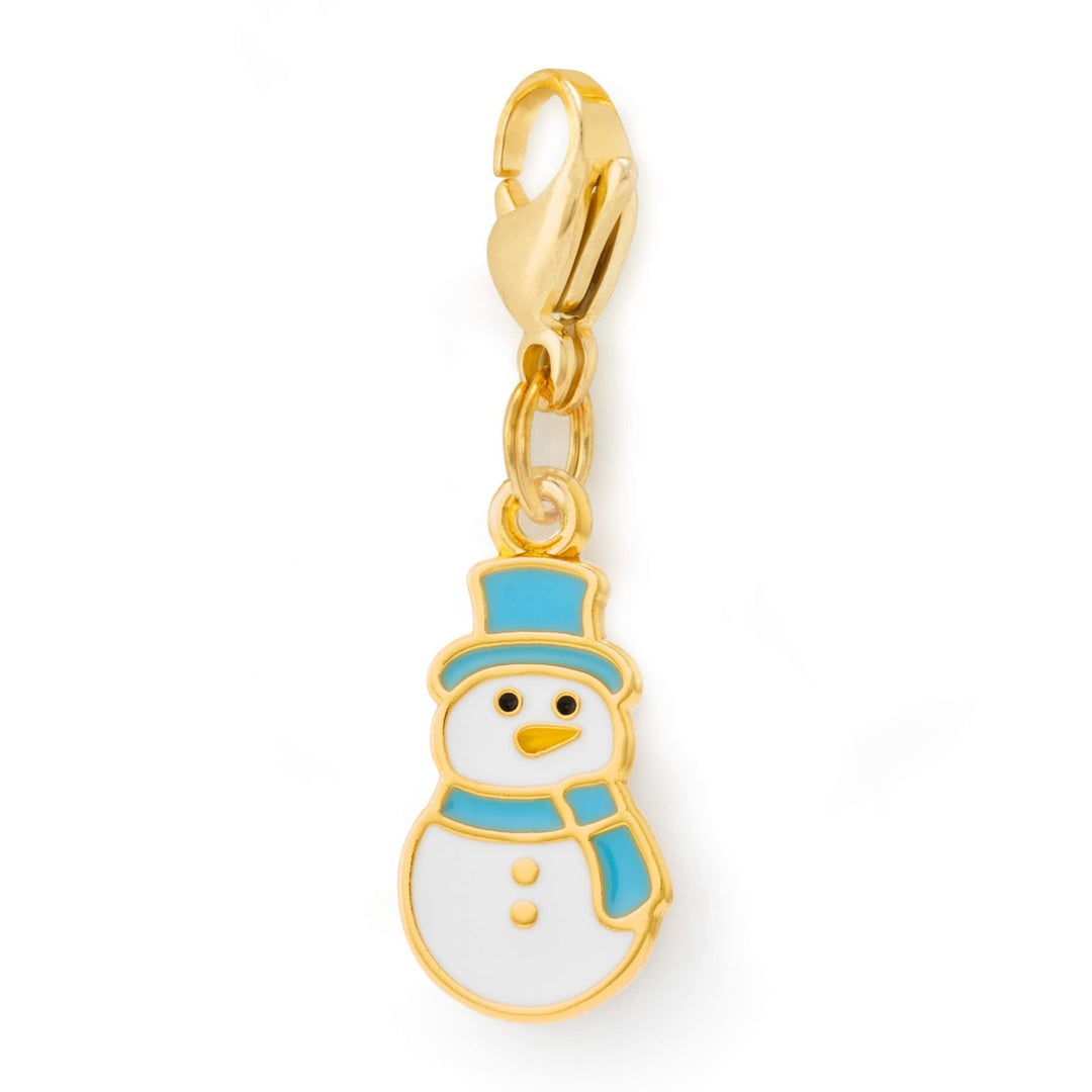 White enamel snowman dog collar charm in a light blue top hat and scarf, on a gold lobster clasp