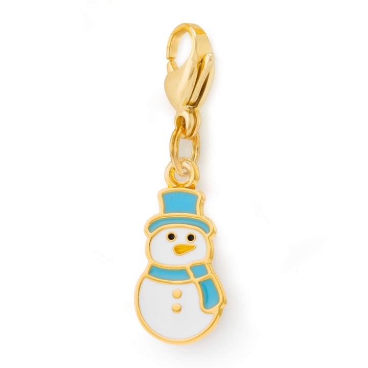 White enamel snowman dog collar charm in a light blue top hat and scarf, on a gold lobster clasp