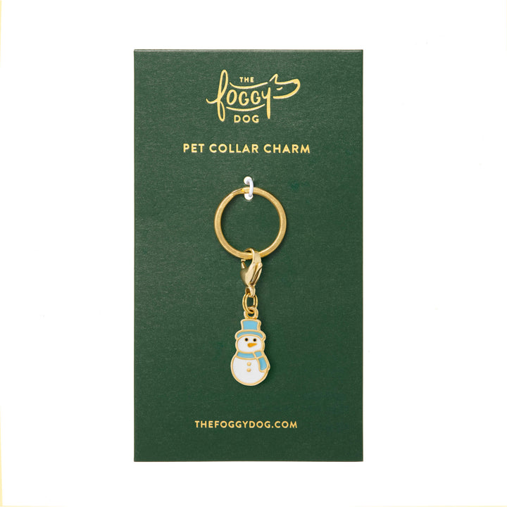 Snowman collar charm on its green The Foggy Dog pet collar charm card