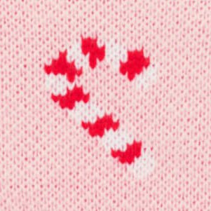 Knit close-up of a red and white candy cane on blush pink