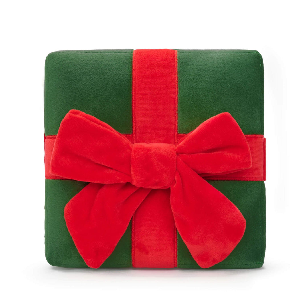 Green plush Christmas present dog toy tied with a red ribbon and large red bow on white