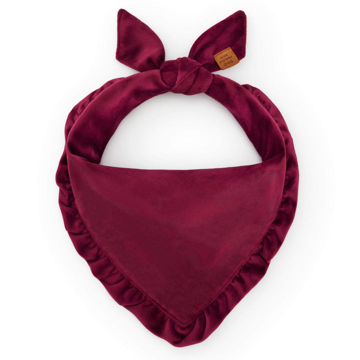 Burgundy velvet ruffled dog bandana tied in a loop on white with a leather tag at the knot