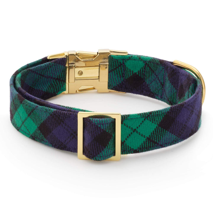 Back of the Black Watch plaid collar showing the gold slide and keeper loop