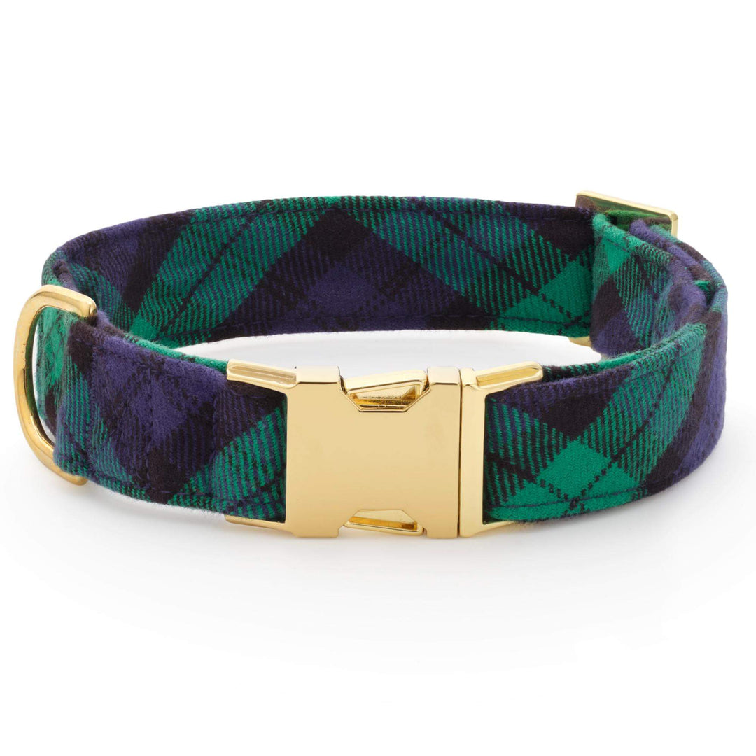 Black Watch plaid flannel dog collar in navy and green with a gold buckle, front view on white