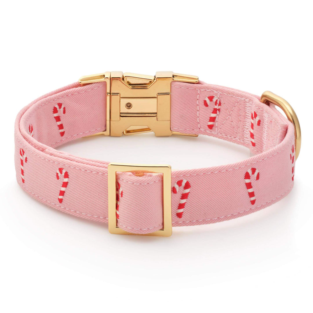 Back of the pink candy cane collar showing the gold slide and keeper