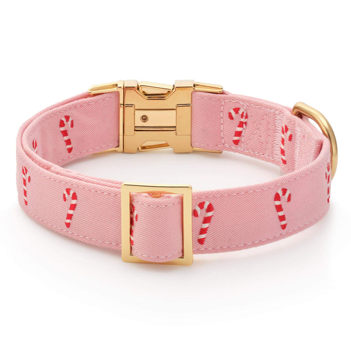 Back of the pink candy cane collar showing the gold slide and keeper