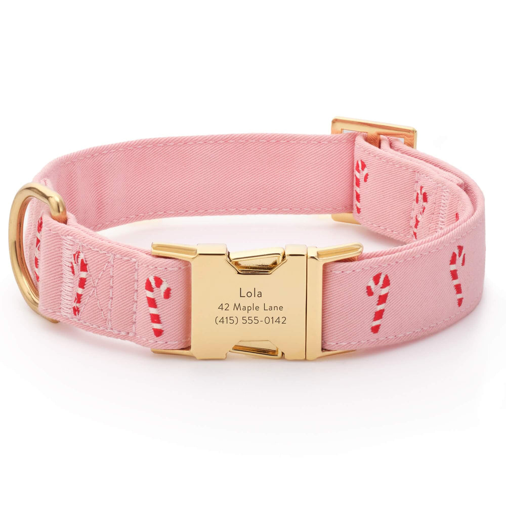 Engraved sample buckle on the blush candy cane collar, showing the vendor personalization option
