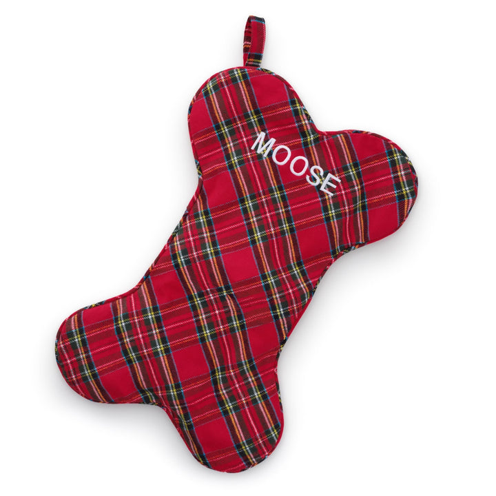 Red tartan plaid bone-shaped dog Christmas stocking with a hanging loop, plain with no embroidery