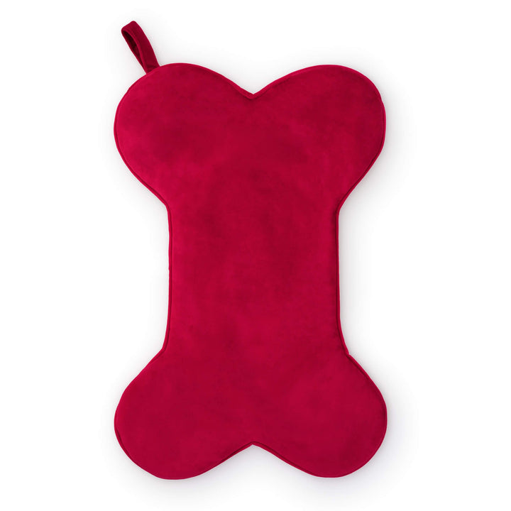 Cranberry velvet dog stocking with a sample name embroidered in white, for illustration only