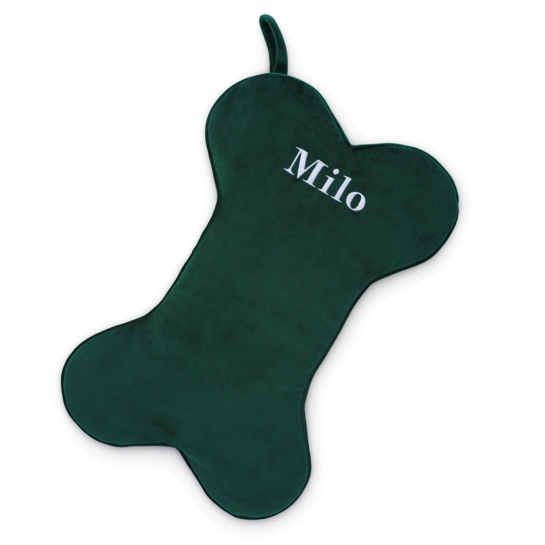Forest green velvet bone-shaped dog Christmas stocking with a hanging loop, plain with no embroidery