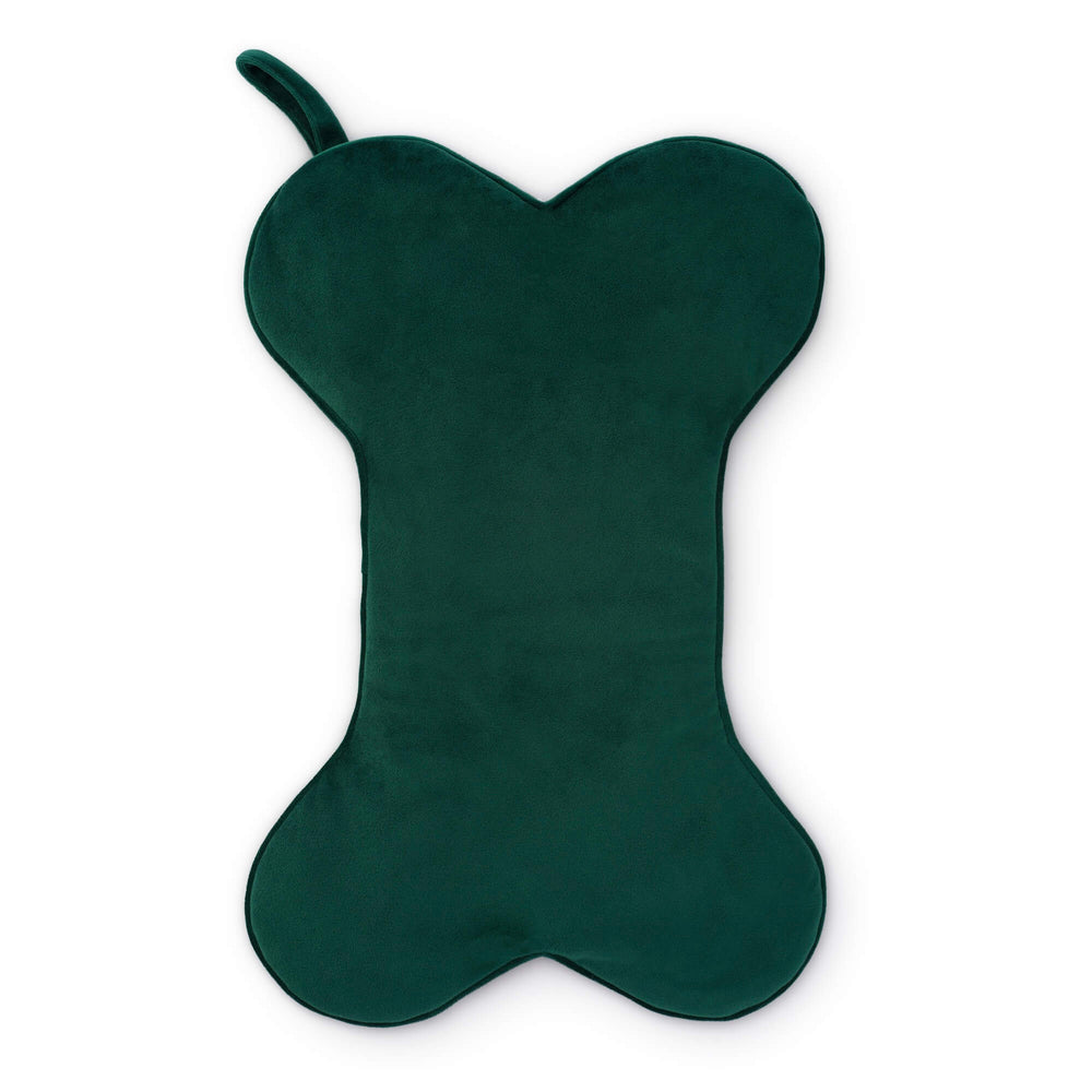 Forest green velvet dog stocking with a sample name embroidered in white, for illustration only
