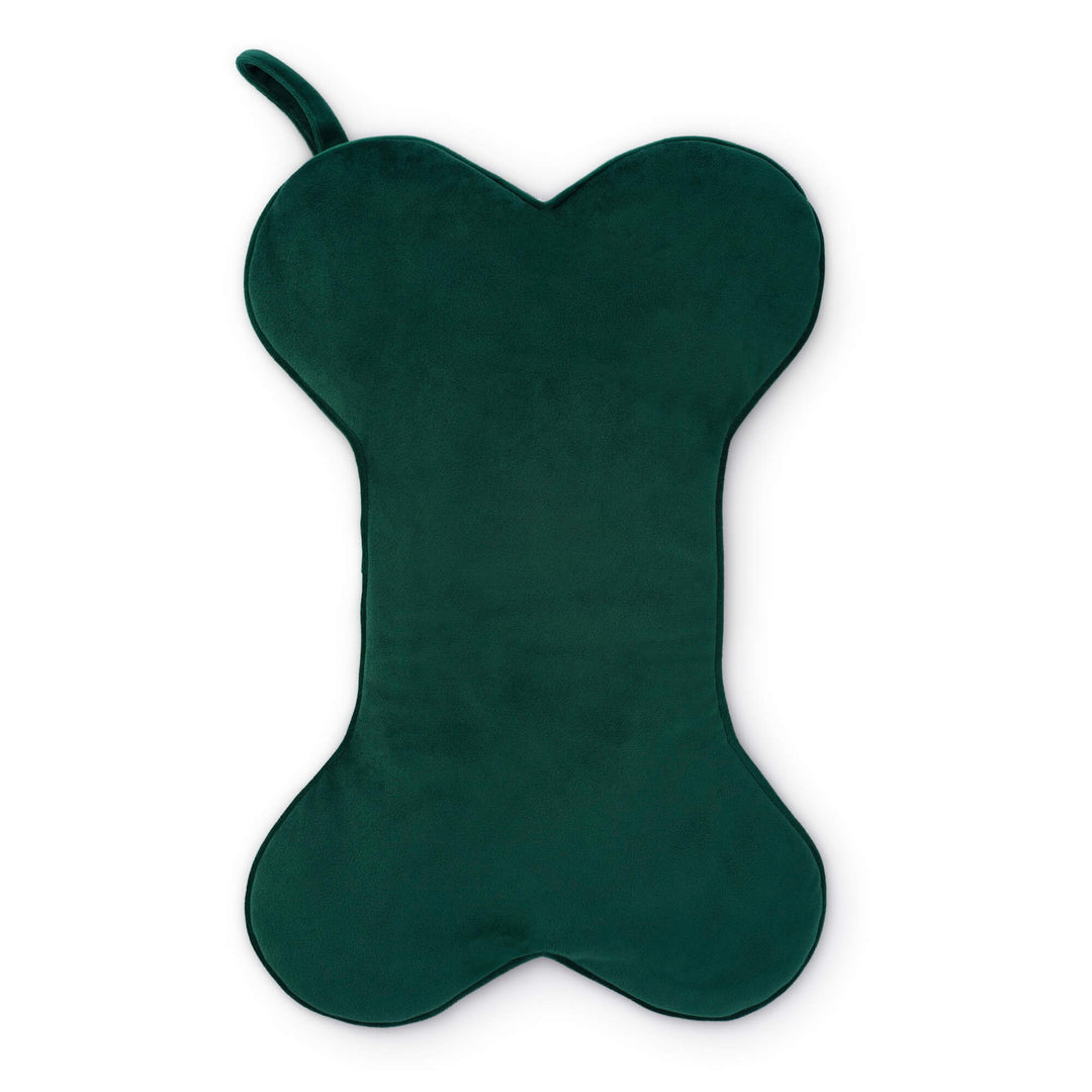 Forest green velvet dog stocking with a sample name embroidered in white, for illustration only
