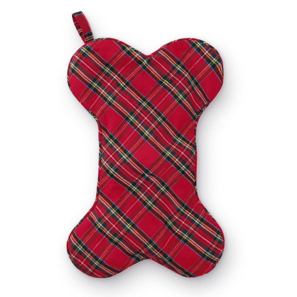 Tartan plaid dog stocking shown with sample name embroidery in white thread, for illustration only
