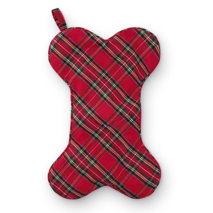 Tartan plaid dog stocking shown with sample name embroidery in white thread, for illustration only
