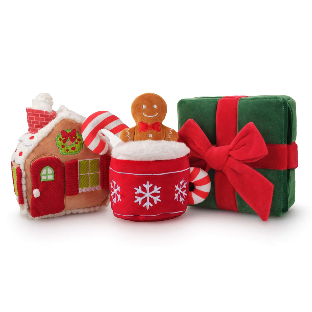 Gingerbread house, hot cocoa mug, and green present dog toys grouped together on white