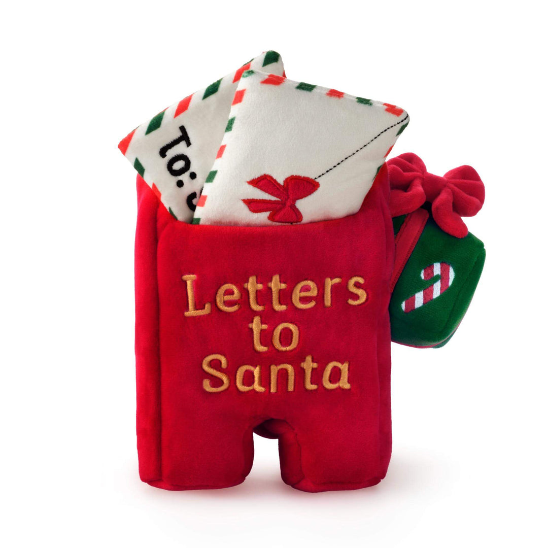 Red Letters to Santa plush mailbox dog toy holding white envelopes and a green present with a red bow.