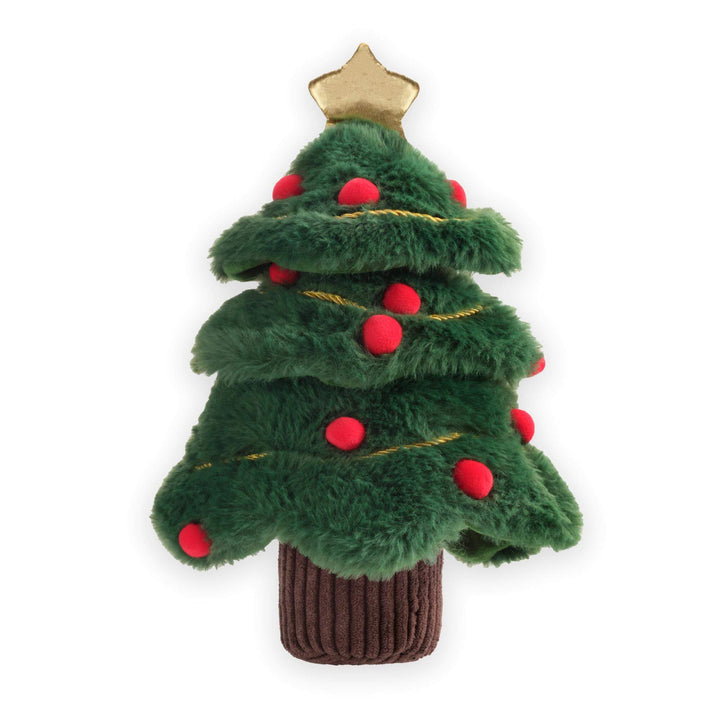 Full view of a green Christmas tree dog toy with gold star, red pom-poms, and a brown corduroy trunk on white.