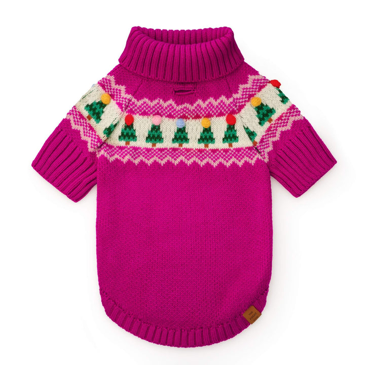 Magenta Fair Isle dog sweater laid flat, with green trees and colorful bobbles around the shoulders.