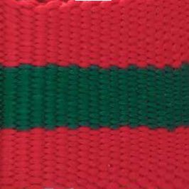 Close-up of red woven collar webbing with a dark green stripe through the center.