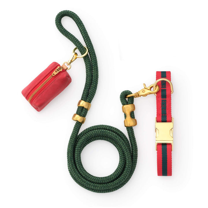 Red-and-green striped collar with a green rope leash, red waste bag holder, and gold hardware on white.