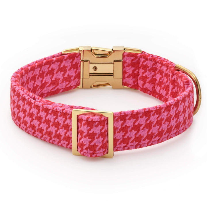 Back of the houndstooth collar showing the gold slide adjuster and keeper loop