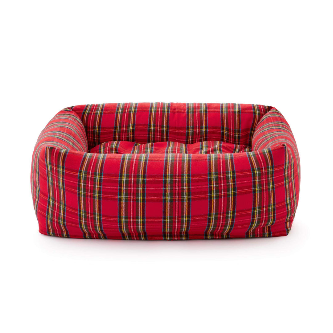 Plain red tartan plaid flannel bolster dog bed, front view on white with no embroidery