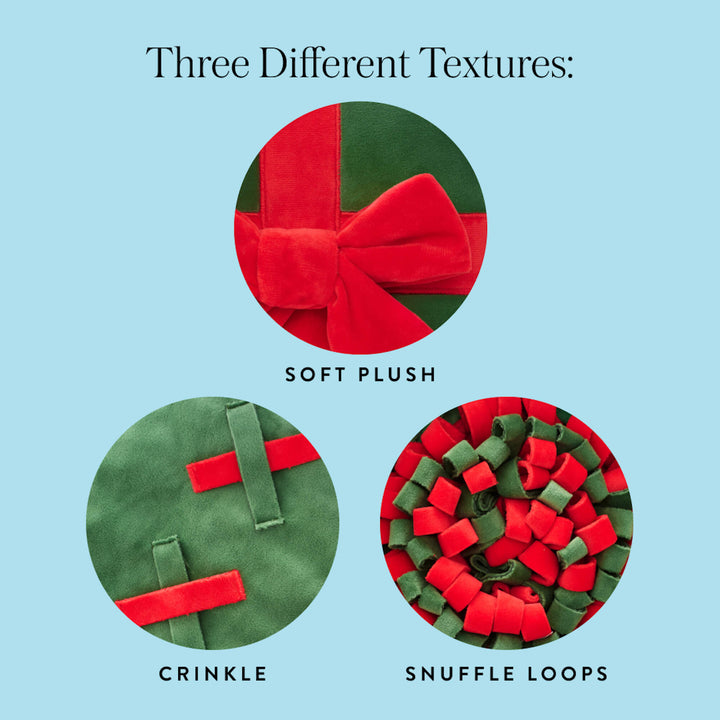 Texture close-ups of the present toy: red plush bow, crinkle lid, and snuffle loops