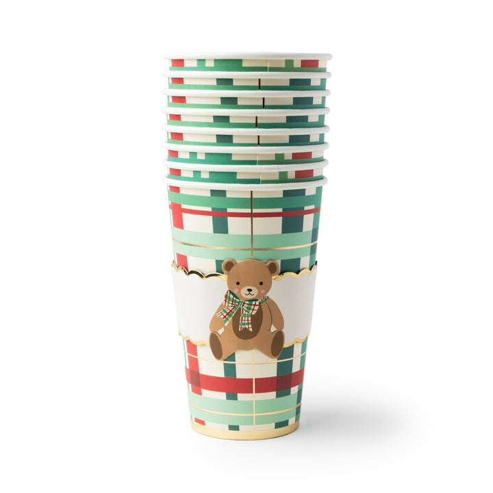 stack of Reusable Coffee cup with plaid design and holiday bear.
