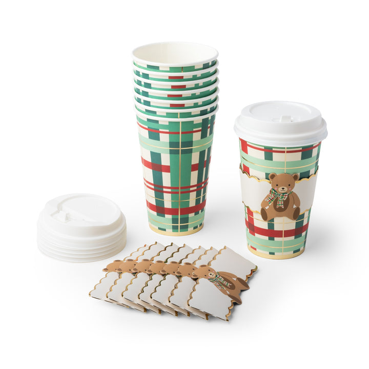 Reusable Coffee cup with plaid design and holiday bear including lids and wrap