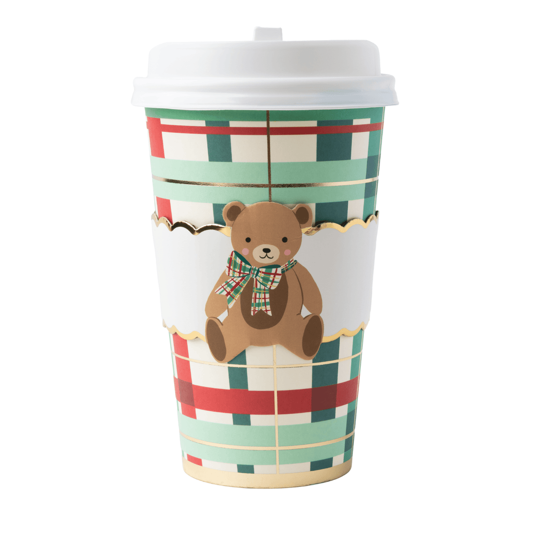 Reusable Coffee cup with plaid design and holiday bear. 