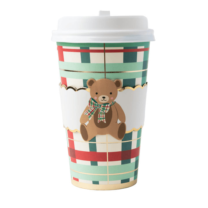 Reusable Coffee cup with plaid design and holiday bear. 