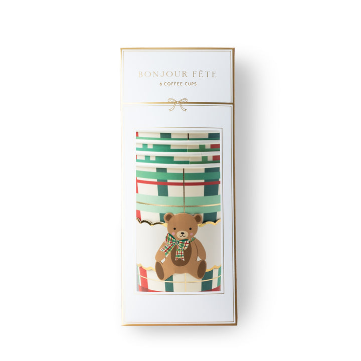 Reusable Coffee cup with plaid design and holiday bear. 