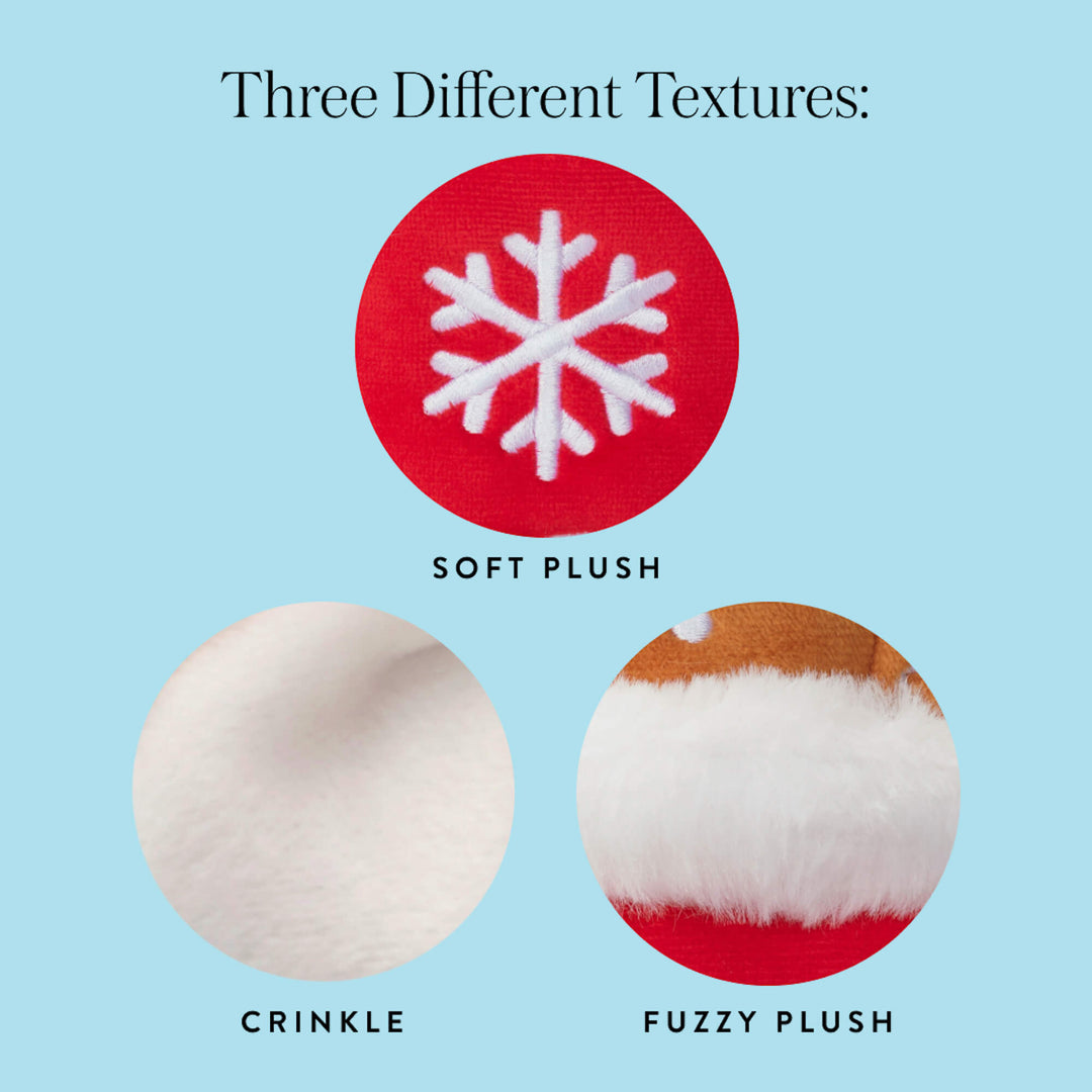 Hot cocoa textures: snowflake plush, crinkle, and fuzzy topping