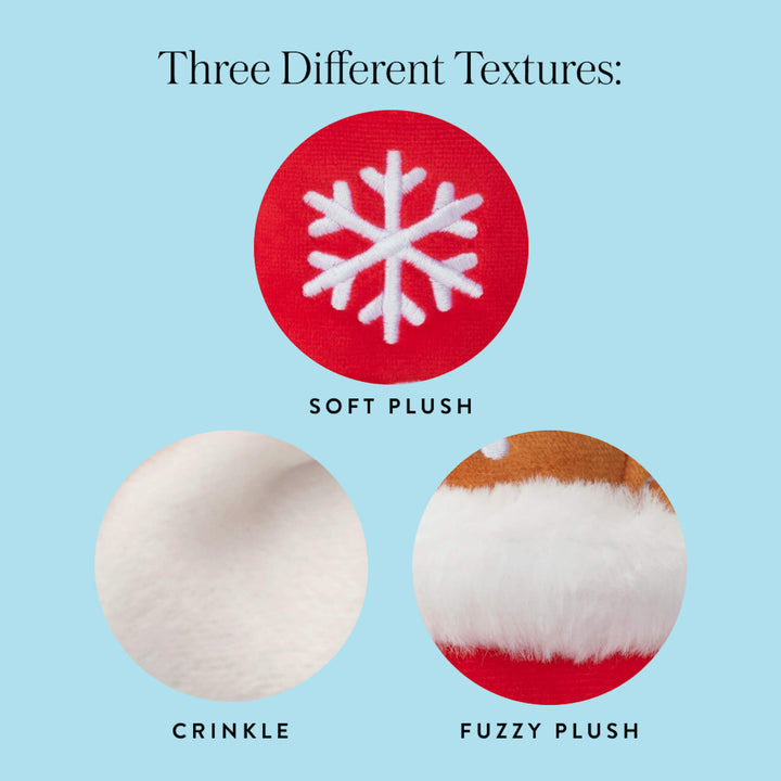 Texture close-ups of the cocoa toy: snowflake plush, crinkle, and fuzzy white topping