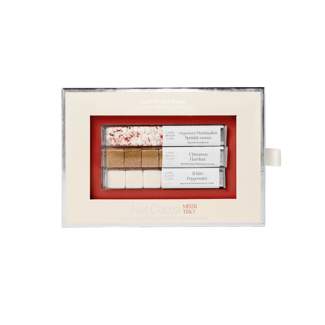 Hot cocoa mixer cubes kit in cinnamon hazelnut and white peppermint with a marshmallow rimmer