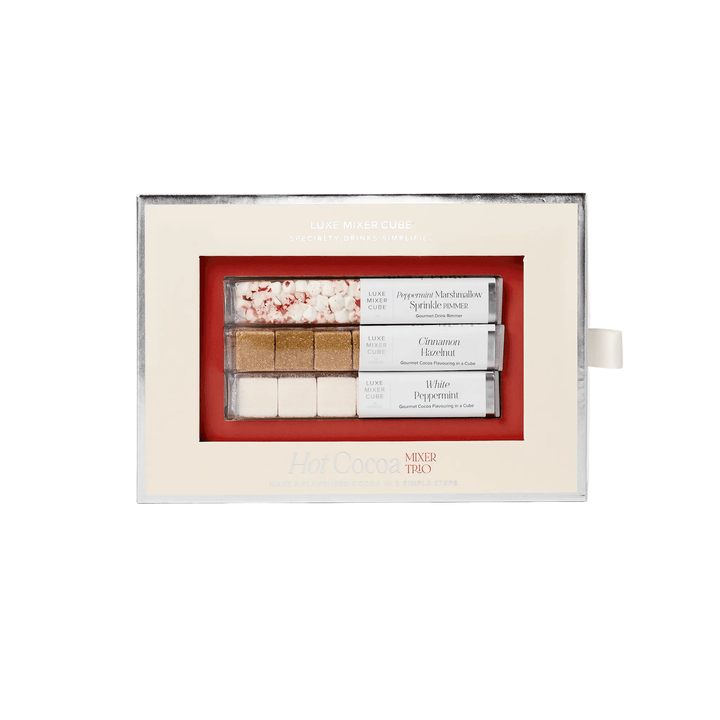 Hot cocoa mixer cubes kit in cinnamon hazelnut and white peppermint with a marshmallow rimmer